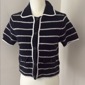 Navy and White Striped Short Sleeve Cardigan